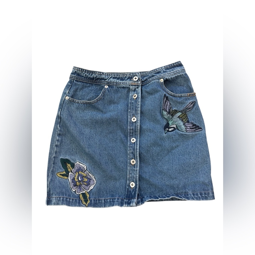 T.C. Elli’s Boutique Denim Mini Skirt with Embroidered Bird & Flowers